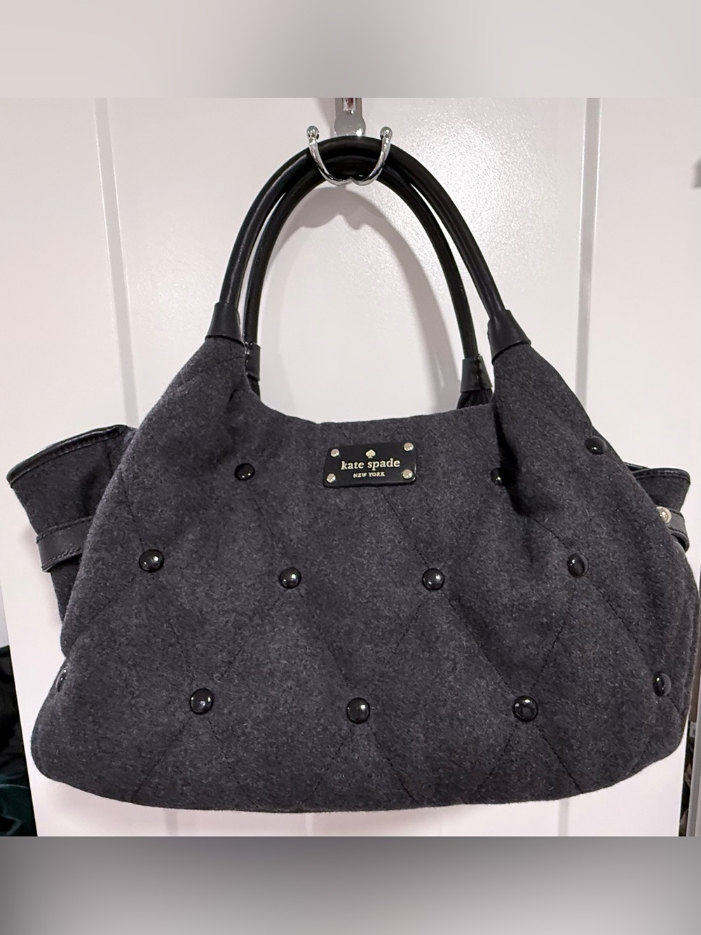 Kate Spade Quilted Felt Shoulder Bag in Charcoal Gray with Black Accents
